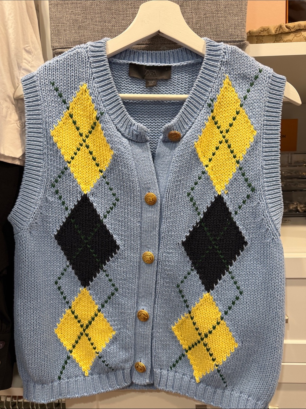 Zara Light Blue Argyle Button-Front Knit Vest with Yellow and Black Diamonds